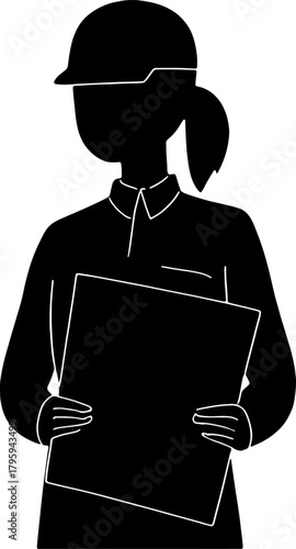 Engineer woman in hard hat holding a plan document Vector