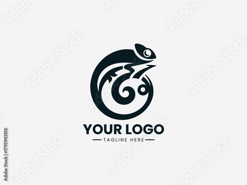Classic chameleon figure illustrated in clean bold black vector logo design