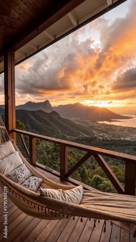 A truly extraordinary and calming view of the evening sky with the mountains and sea in the background taken from the hotel terrace which has a hammock.