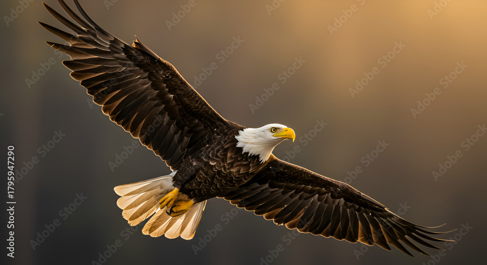 Fototapeta premium Majestic bald eagle soaring against a soft golden sky, wings spread wide in powerful flight, representing freedom, strength, and the American spirit