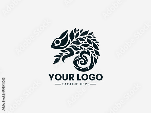Stylized chameleon blending into abstract shapes representing camouflage in clean black vector illustration