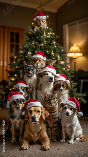 A group of dogs and cats wearing Santa hats in front of a Christmas tree