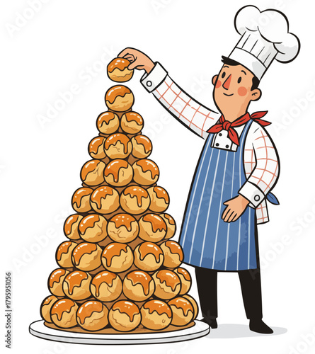 Croquembouche creator. Chef building cream puff tower. Pastry chef's masterpiece, sweet architect. Finishing croquembouche. Pâtissier at work, french food vector illustration