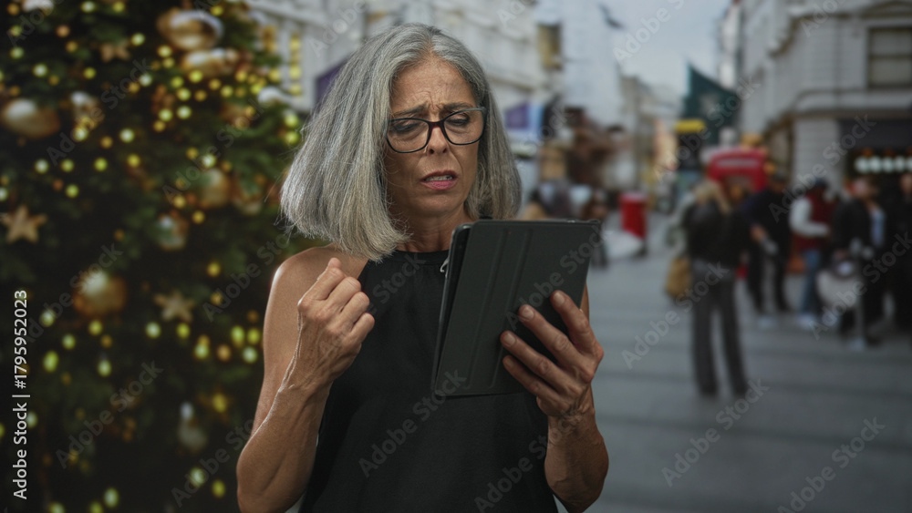 Obraz premium Woman holding tablet, squinting at screen on city street beside decorated christmas tree; frustration holiday shopping.