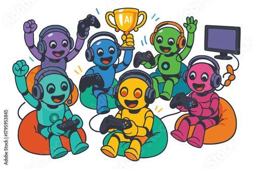 Joyful diverse robots celebrating victory in a video game tournament holding a trophy