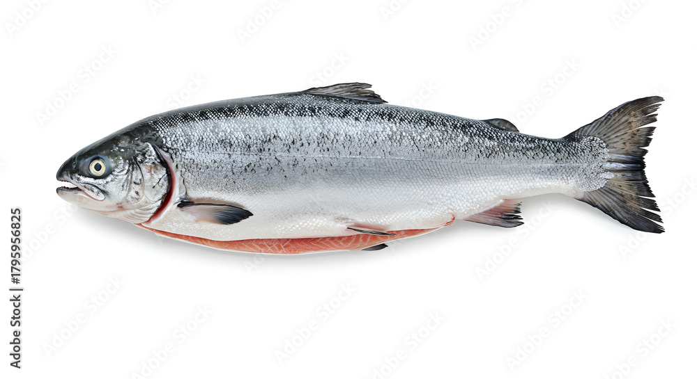 Naklejka premium Fresh whole salmon ready for a delicious meal preparation on a clean white background, perfect for healthy eating campaigns and culinary design projects