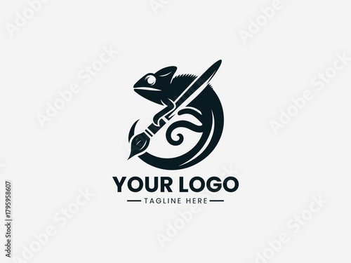 Stylized chameleon holding a paint brush forming creative shape in clean black vector illustration
