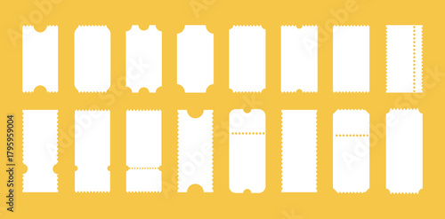 Admit one tickets mockups. Boarding blanks, lottery, sale minimalist coupons icons. Ticket pattern for cinema, circus, theater, festival, casino, club. Blanks backgrounds layout. Empty flat templates.