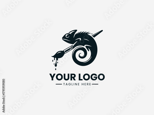 Stylized chameleon holding a paint brush forming creative shape in clean black vector illustration