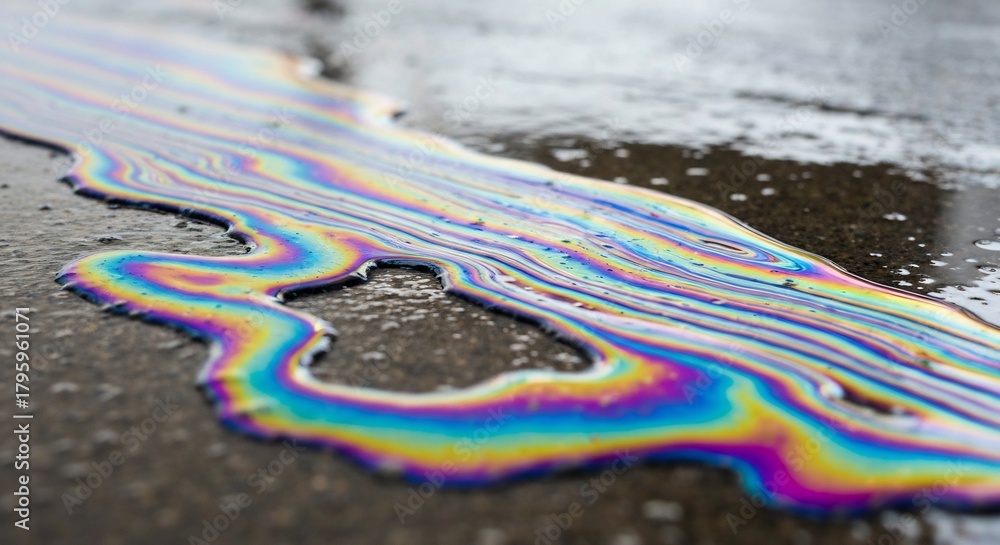 Naklejka premium Colorful rainbowlike oil slick spread out on a wet concrete surface
