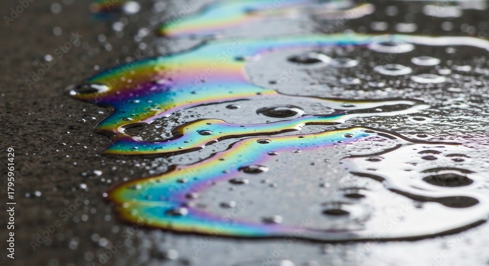 Naklejka premium Iridescent spill on asphalt displaying a vibrant rainbow of colors