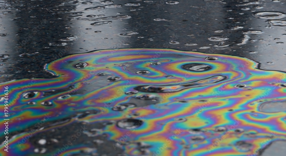 Naklejka premium Puddle showing oilrainbow colors with small puddles on dark pavement