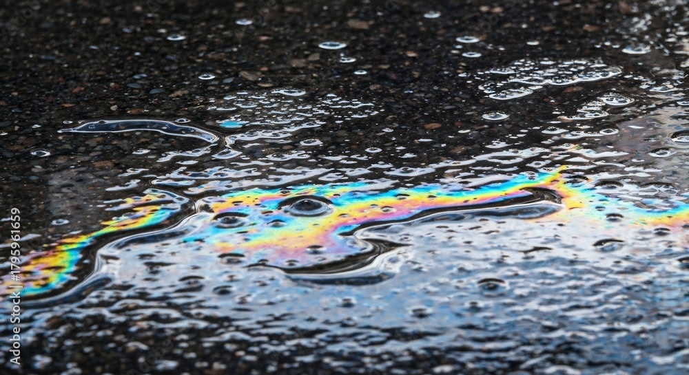 Naklejka premium Puddle on pavement shows rainbow sheen from oil or fuel spill