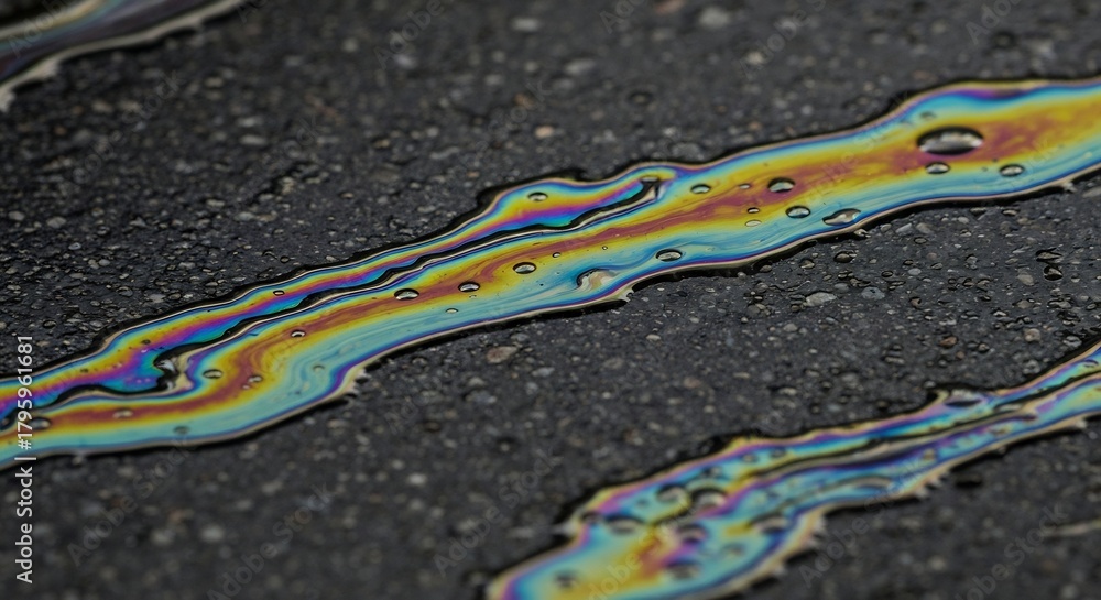 Obraz premium Rainbowcolored oil slick on asphalt with visible water droplets reflecting iridescent colors