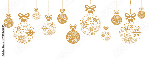 Elegant, festive holiday banner with a row of hanging gold Christmas ornaments. Each is adorned with intricate snowflake and star patterns, suspended by bows on a white background. Perfect for winter 