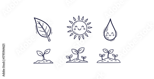 Hand drawn eco friendly doodle icons featuring leaves sun water drops and plant sprouts on a white background