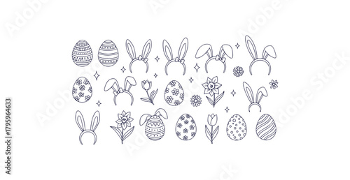 Charming easter doodle elements featuring a bunny egg basket and flowers with sparkles on a white background