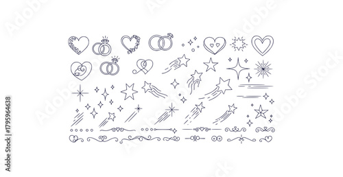Elegant hand drawn wedding planner design elements featuring rings hearts stars and sparkles in black and white line art