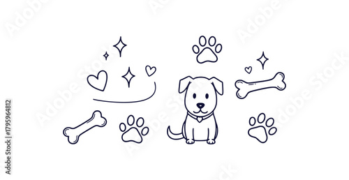 Charming hand drawn pet design clipart featuring paw prints bones and hearts on a clean white background