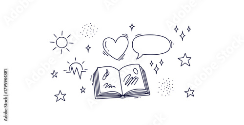 Collection of hand drawn black line vector doodles representing mental wellness therapy and positive emotions