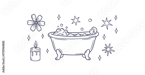 Charming hand drawn line art doodles of self care elements for relaxation and well being