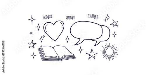 Hand drawn black line vector doodles of therapy symbols including a heart open book speech bubble sun and stars for mental wellness