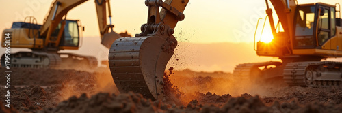 Excavator construction site with heavy machinery working during golden hour. Excavator bucket moves dirt with its mechanical arm, while other equipment works in background.