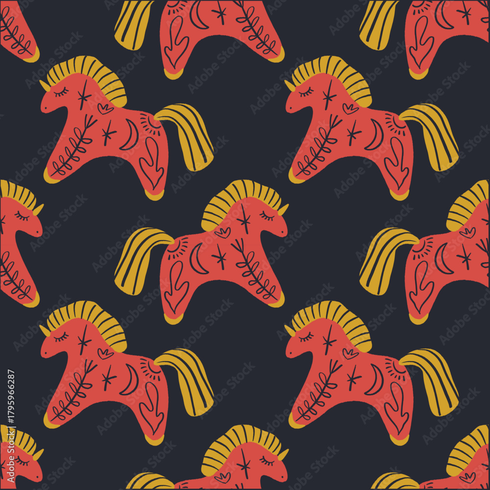Fototapeta premium Whimsical red horses seamless pattern vector and jpg image clipart of groovy celestial tattooed festive unicorn New Year fire horse symbol, editable isolated details, Scandinavian stylized ornate