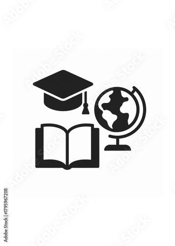 Education icon set with graduation cap, open book and globe symbol representing global learning and academic concepts
