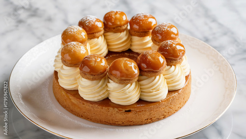 A photograph of an elegant Saint-Honoré cake displayed on a pristine white porcelain plate, showcasing the classic French pastry's sophisticated construction. The cake features a golden pâte brisée ba