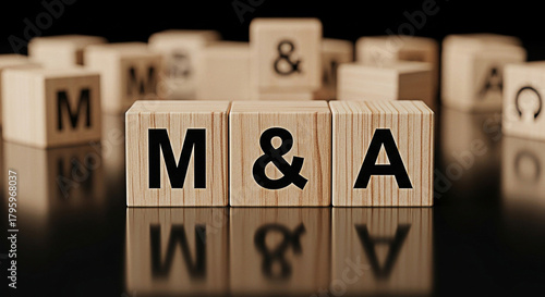 Wooden blocks spell out m&a mergers and acquisitions on a reflective surface representing business strategy and financial transactions