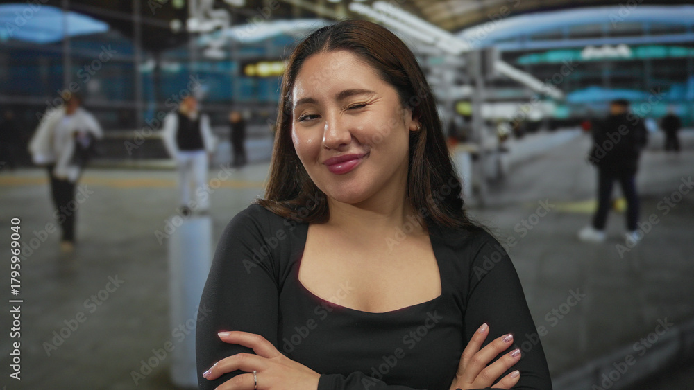 Fototapeta premium Young hispanic woman crossing arms and winking at a busy airport terminal under overhead canopy; confidence.