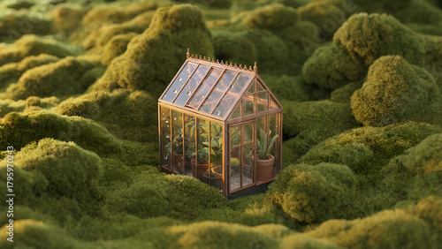 Fototapeta Naklejka Na Ścianę i Meble -  A detailed 3D rendered miniature greenhouse nestled within a lush bed of vibrant emerald moss. The tiny glass structure features delicate metal framework in aged copper, with condensation droplets cli