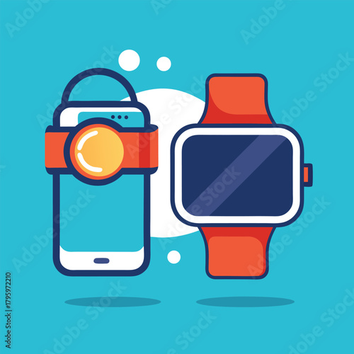 Modern smartwatch and smartphone icons representing technology connectivity and digital lifestyle with clean flat design on blue background