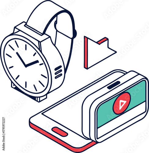 Isometric illustration of a smartwatch and a smartphone with a video recording accessory attached showcasing modern technology and mobile device integration for content creation and communication