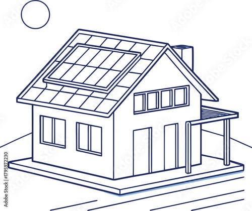 Architectural sketch of a modern two story house with solar panels on the roof and a sunny sky indicating renewable energy and sustainable living