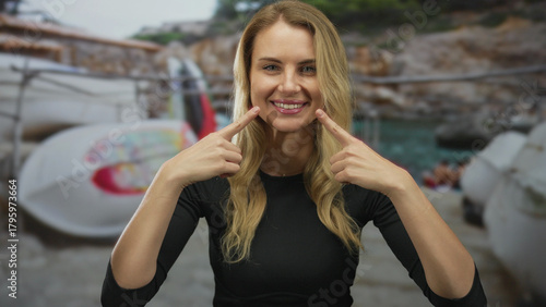 Photos Woman smiling and pointing at her cheeks with both hands, standing on a sandy beach with boats in the background on a sunny day
