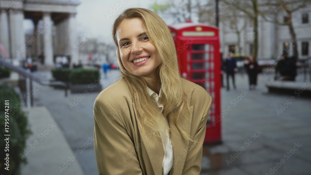 Obraz premium Woman smiling outdoors on a city street with a british red telephone booth and historical architecture in the background suggesting a busy urban environment.