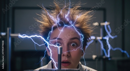 A person with wild hair standing on end, experiencing intense static electricity, surrounded by glowing blue plasma sparks during a fascinating science experiment in a dark setting.