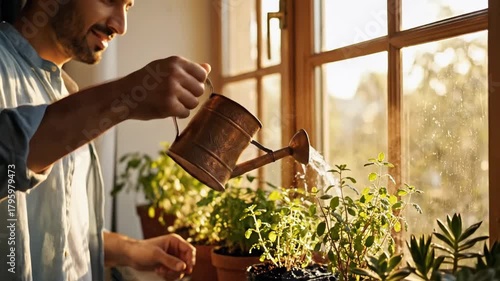 A smiling man engages in the mindful design of his home botanical sanctuary, carefully watering vibrant indoor plants on a sunlit windowsill, an active moment of tranquil horticulture