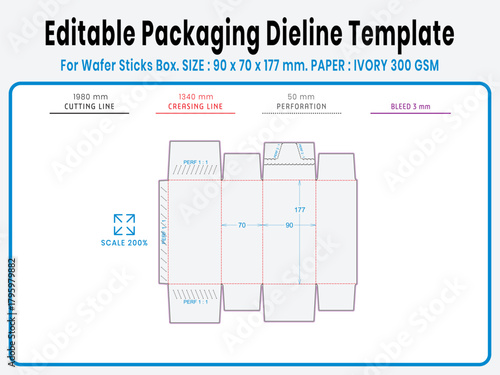 Editable packaging dieline template for wafer roll box. Glue Type Straight Line. Real dimensions with cutting, creasing, and bleed guides. Ready-to-use vector file for printing and production setup.