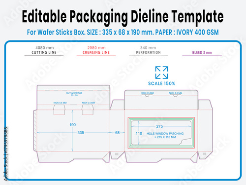 Editable packaging dieline template for wafer roll box. Glue Type Crash Lock. Real dimensions with cutting, creasing, and bleed guides. Ready-to-use vector file for printing and production setup.