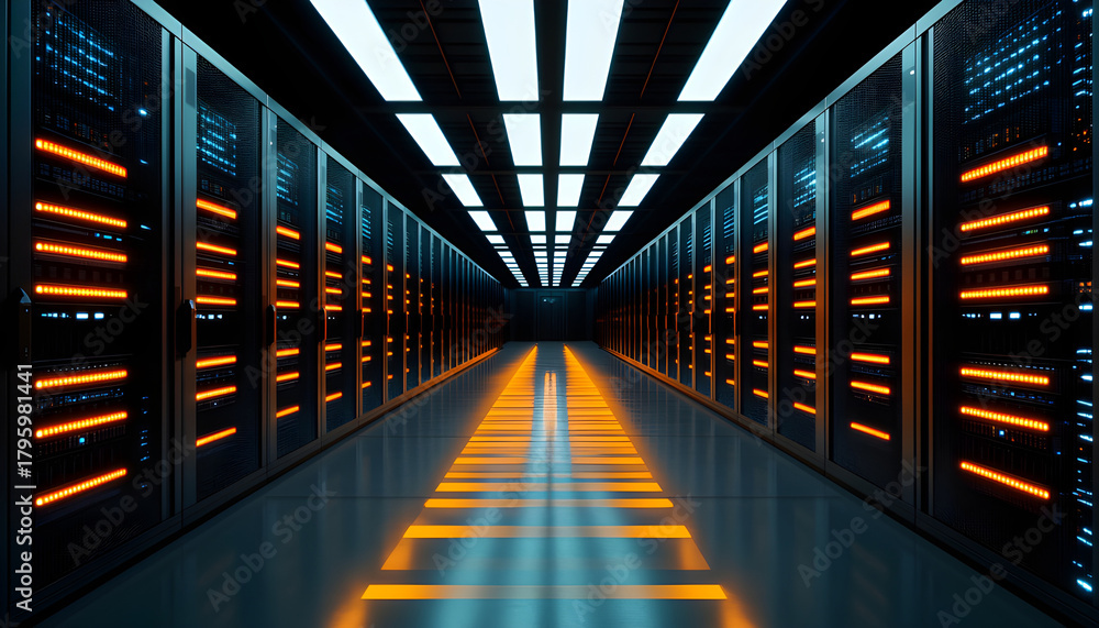 Fototapeta premium Modern data center interior view. Servers operate with lights. Advanced tech infrastructure provides computing power for global