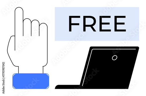 Hand gesture pointing to FREE box with a laptop, emphasizing access, opportunity, and digital methods. Ideal for technology, education, online tools, accessibility, advertising promotions free
