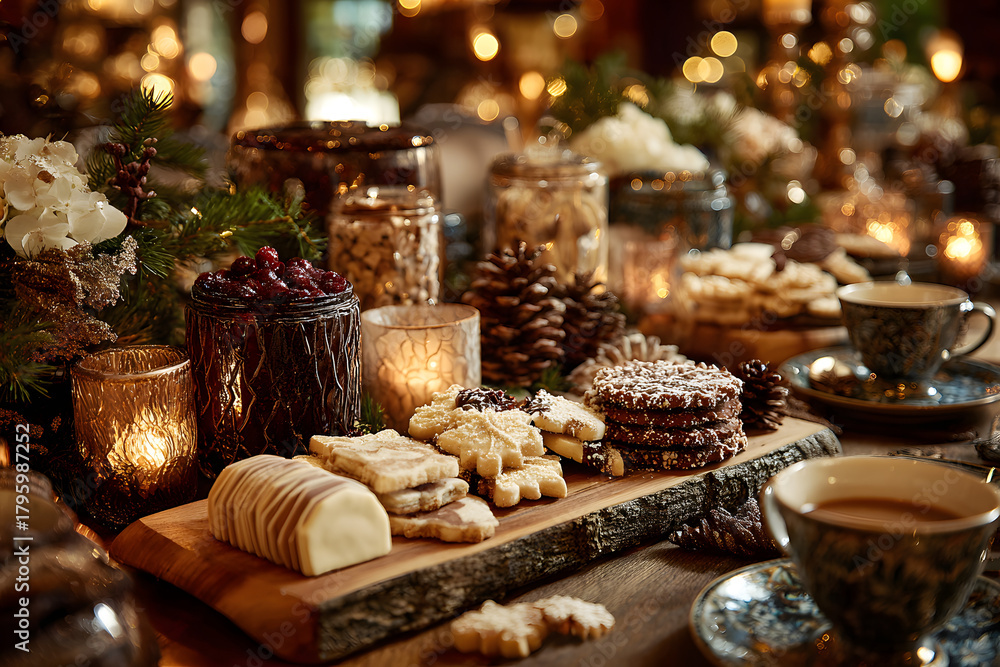 Naklejka premium Christmas luxury table decoration with Christmas cookies