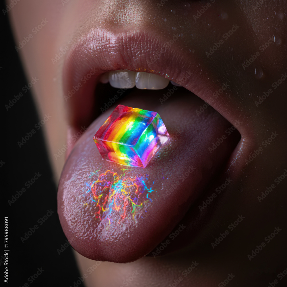 Fototapeta premium Closeup of tongue holding glowing rainbow crystal candy in dark dramatic lighting surreal concept