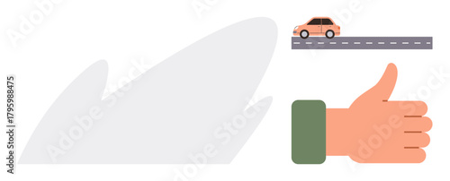 Hand with thumbs-up gesture lifting a small car on a tiny road, representing approval, trust, support, reliability, safety, encouragement, and positive reinforcement in a simple flat metaphor