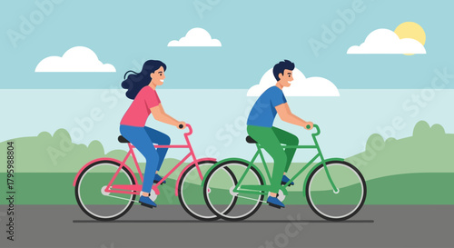 A man and a woman are riding bicycles side by side on a paved path with trees and clouds in the background.