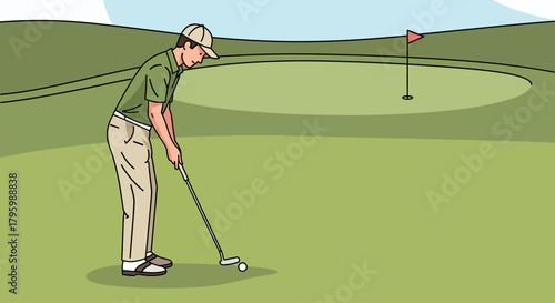 A golfer in a green shirt and beige pants lines up a putt on a golf course with a flag in the background.
