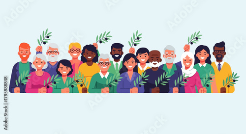 A diverse group of smiling people of different ages and ethnicities holding olive branches, symbolizing peace and unity.